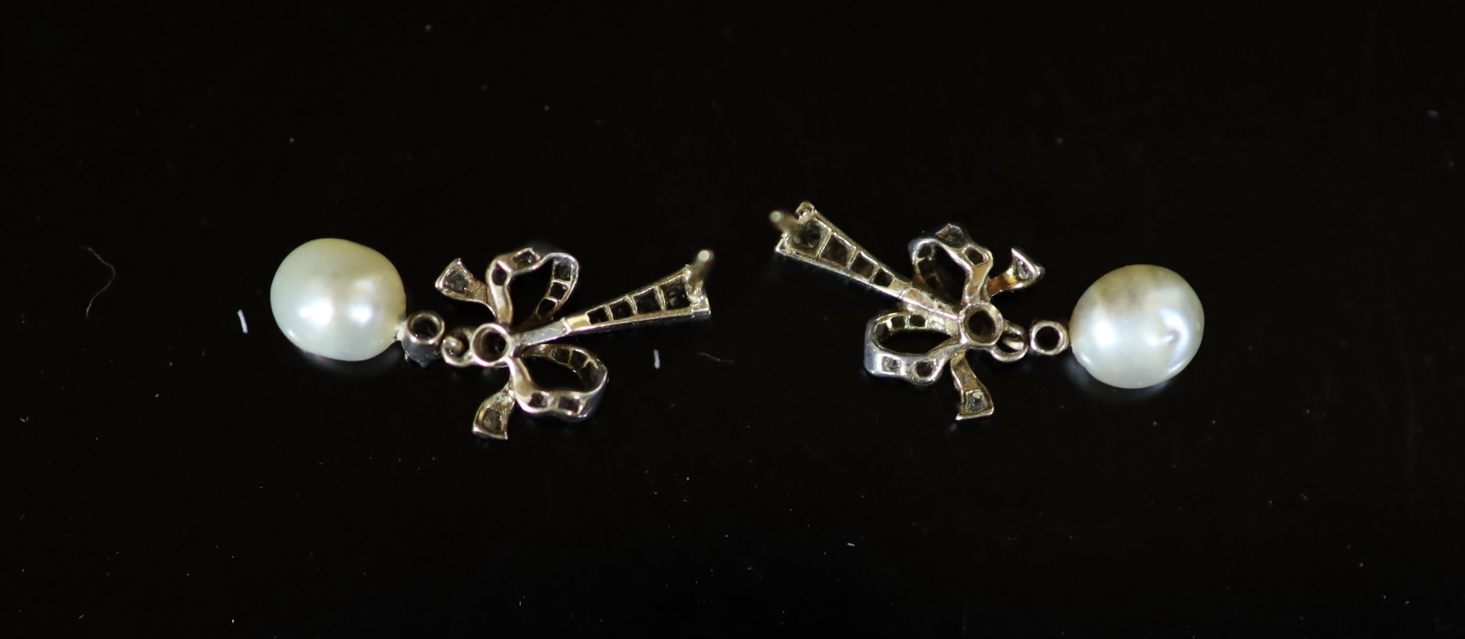 A pair of Victorian gold and silver, old round and rose cut diamond and pearl set drop earrings